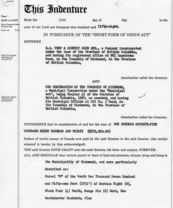 Deed of Land. Purchase of part of present-day Minoru Park, 1958. City of Richmond Archives MR 66, File 1540