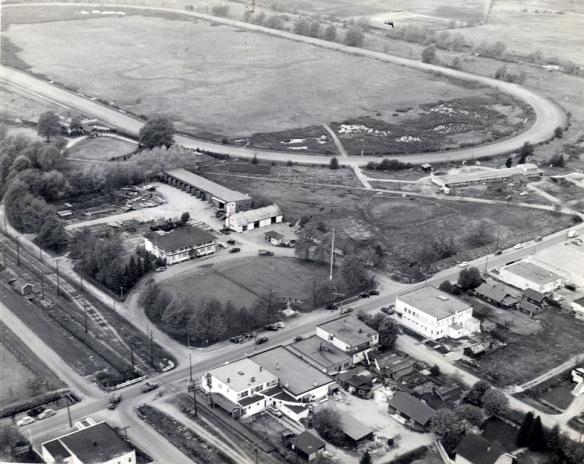 This 1951 aerial view over the intersection of Granville Avenue and No.3 Road shows Brighouse (Minoru) Racetrack while under the ownership of the BC Turf and Country Club. Richmond Municipal Hall is on the corner in the same location as City Hall Today. (City of Richmond Archives photograph 1984 17 5)